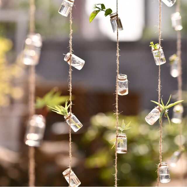 Wind Chimes Style Decor Glass Vase 3 Strings Hanging Vase with Mini Bottle Nordic Home Flower Plant Hydroponic Container