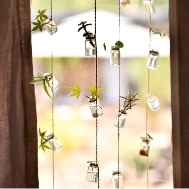 Wind Chimes Style Decor Glass Vase 3 Strings Hanging Vase with Mini Bottle Nordic Home Flower Plant Hydroponic Container